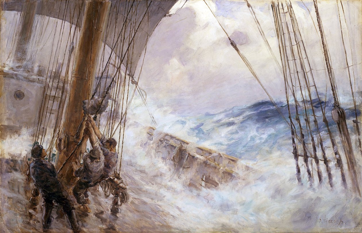 Manobras para baixar a vela do mastro principal durante uma tempestade. Óleo sobre tela de Arthur John Briscoe