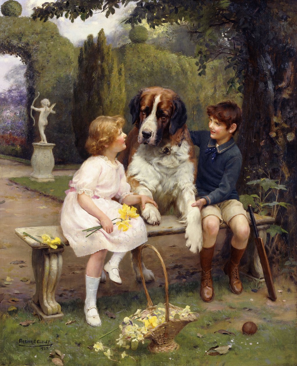 Crianças com um São Bernardo de Arthur John Elsley