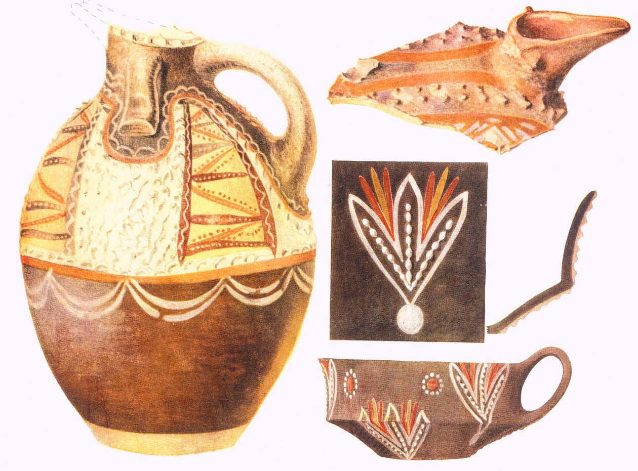 Reproduções de taças e fragmentos coloridos de Knossos de Arthur John Evans
