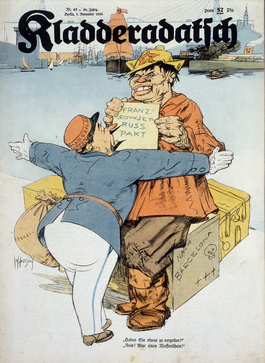 Caricatura alemã sobre os acordos franco-soviéticos (funcionário aduaneiro francês e marinheiro russo:" Tem alguma coisa a declarar Não! Só armas! (Contexto da Guerra de Espanha), "Kladderadatsch" 8/11/1936, il. por Arthur Johnson (1874-1954). de Arthur Johnson
