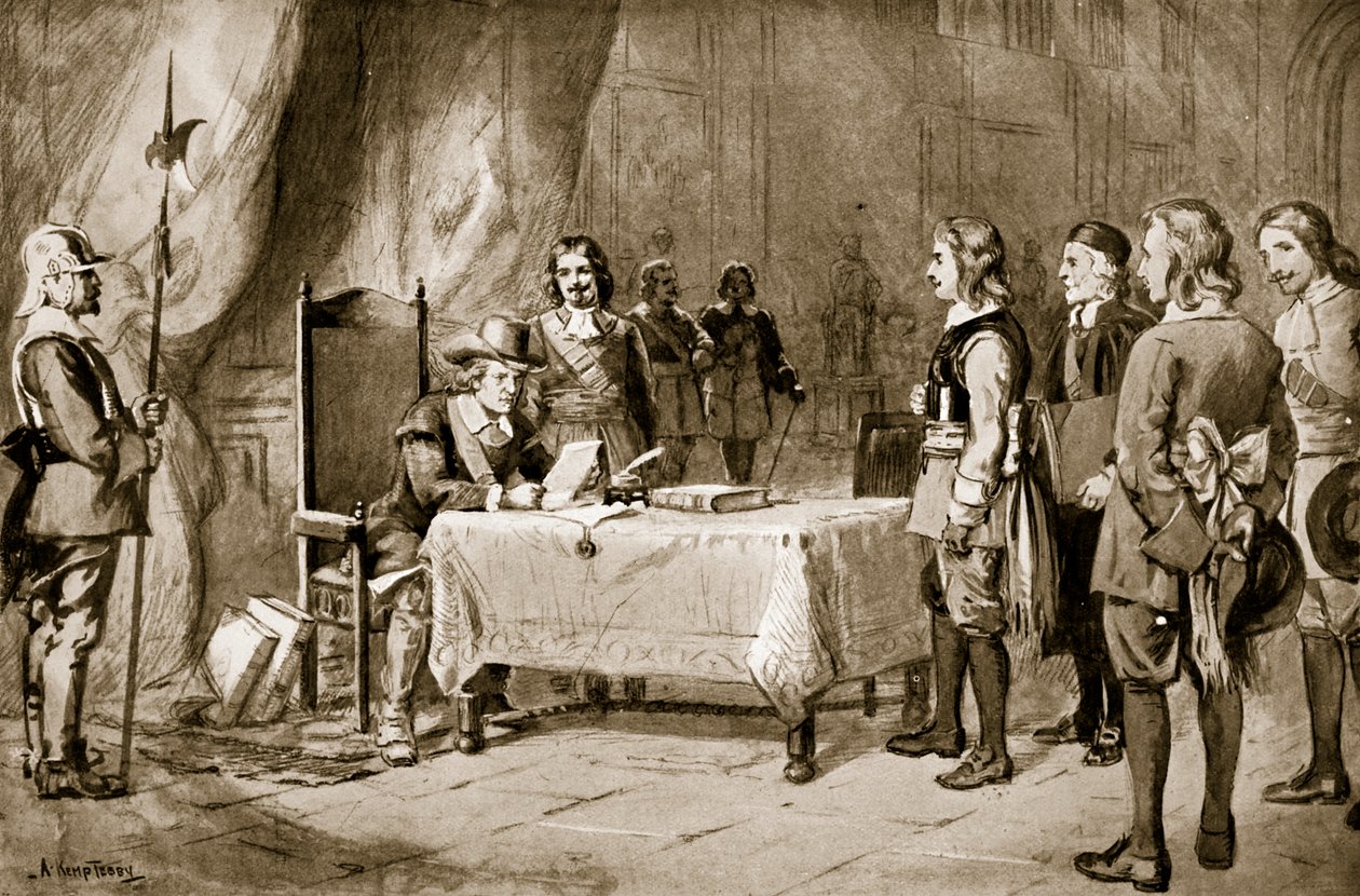 Enviados suíços antes de Cromwell, ilustração da "Hutchinson&39;s Story ofthe British Nation", c.1923 de Arthur Kemp Tebby