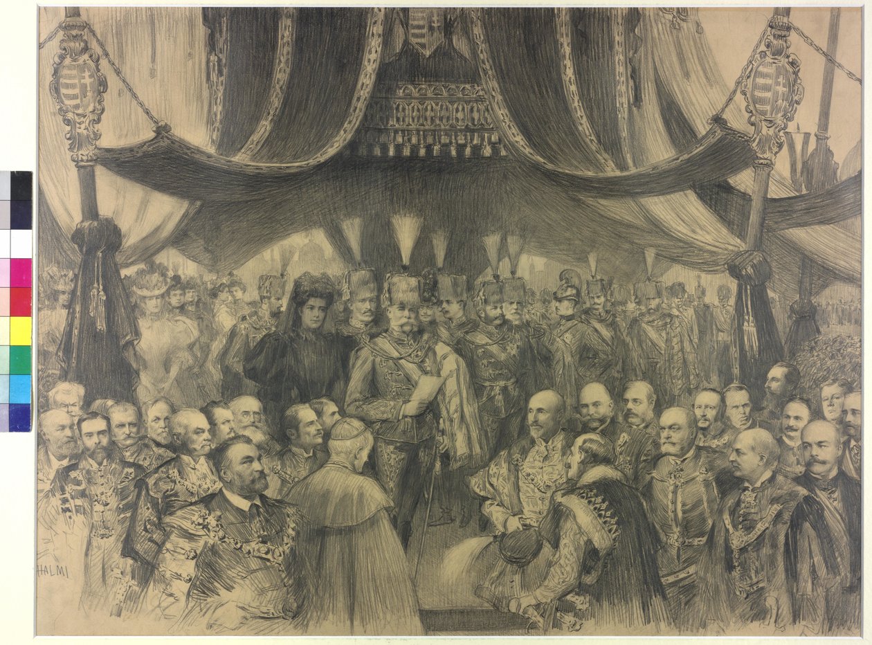 Início da exposição do milénio em Budapeste pelo imperador Francisco José de Arthur Lajos Halmi