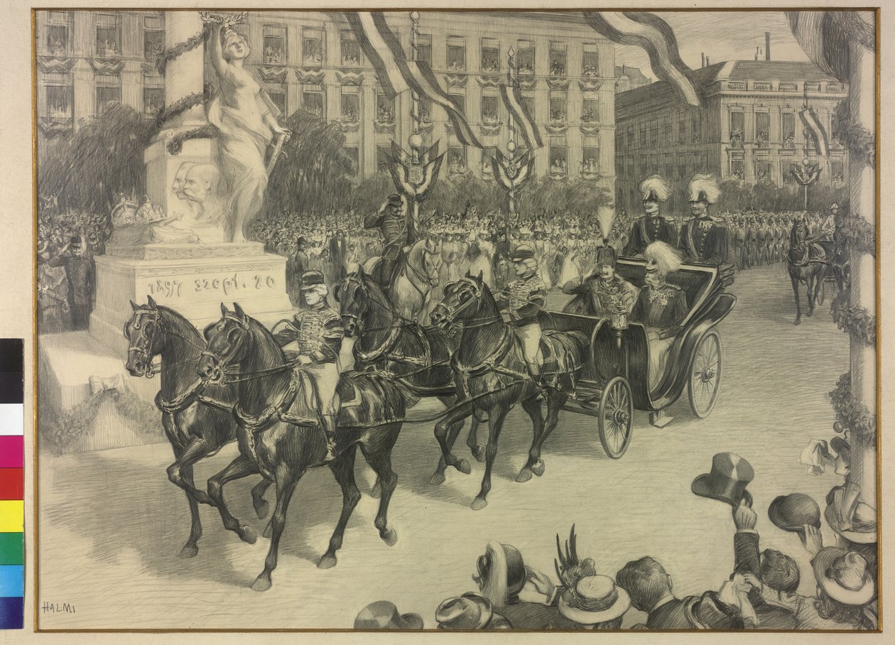 O Imperador Guilherme II e o Imperador Francisco José I em Budapeste, 1897 (desenho a lápis) de Arthur Lajos Halmi
