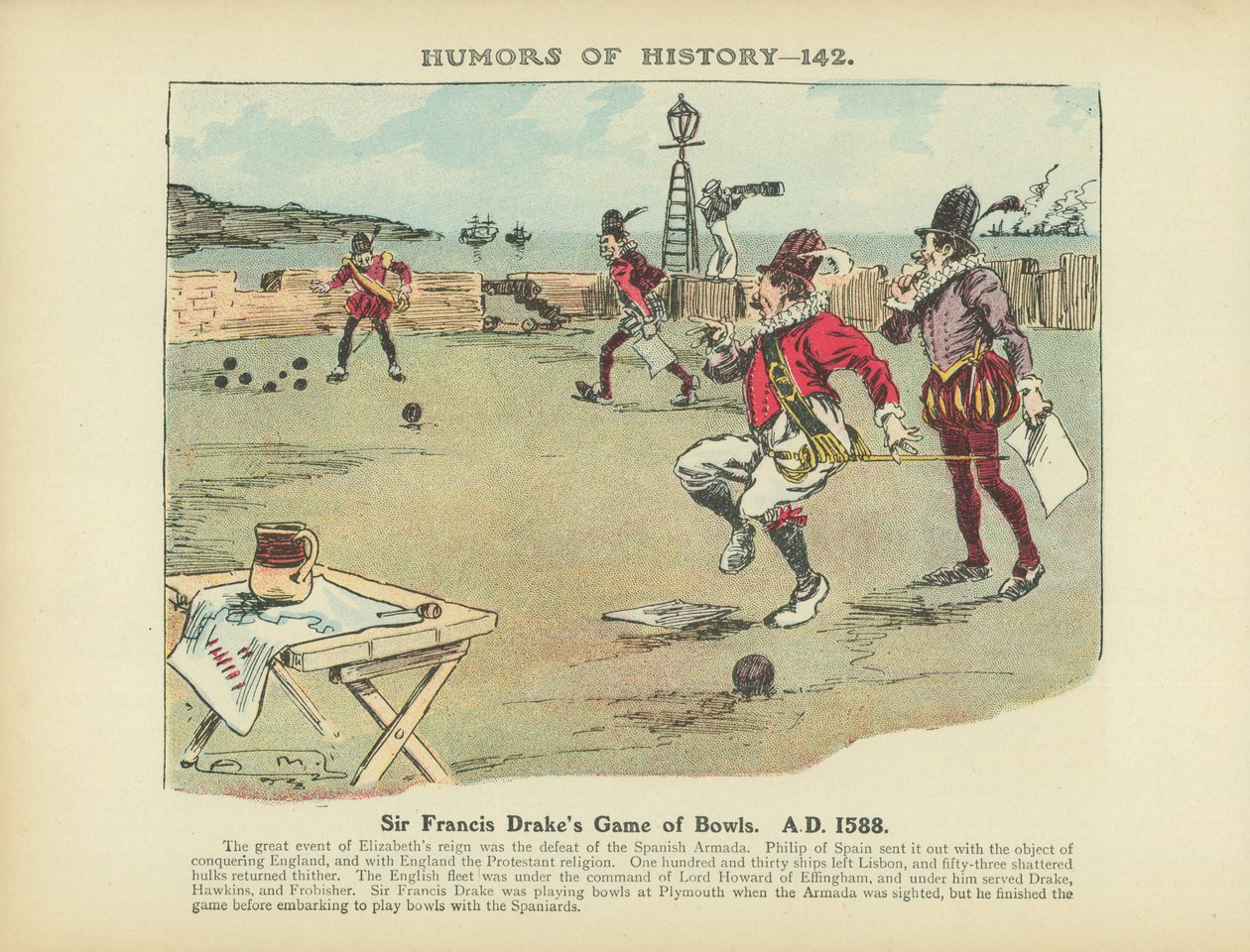 O jogo de taças de Sir Francis Drake. A.D. 1588 (litografia a cores) de Arthur Moreland