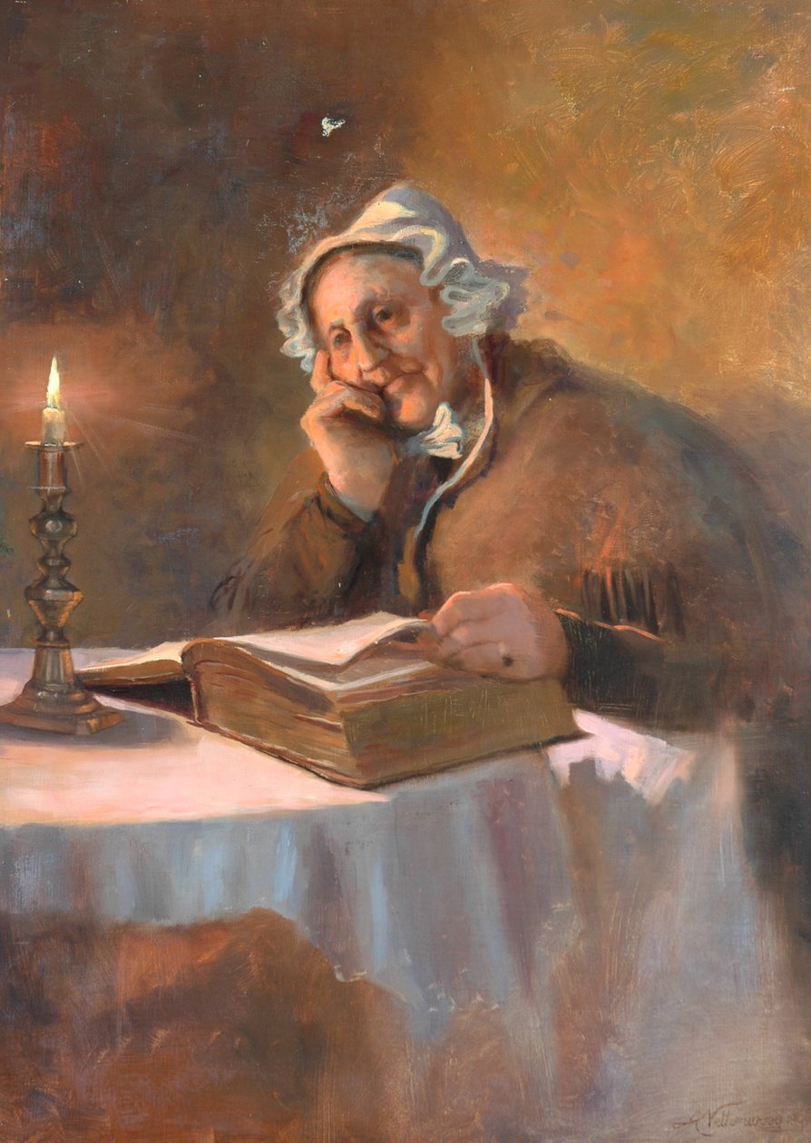 Retrato de uma velha lendo a Bíblia à luz de velas, 1896 de Arthur Netherwood
