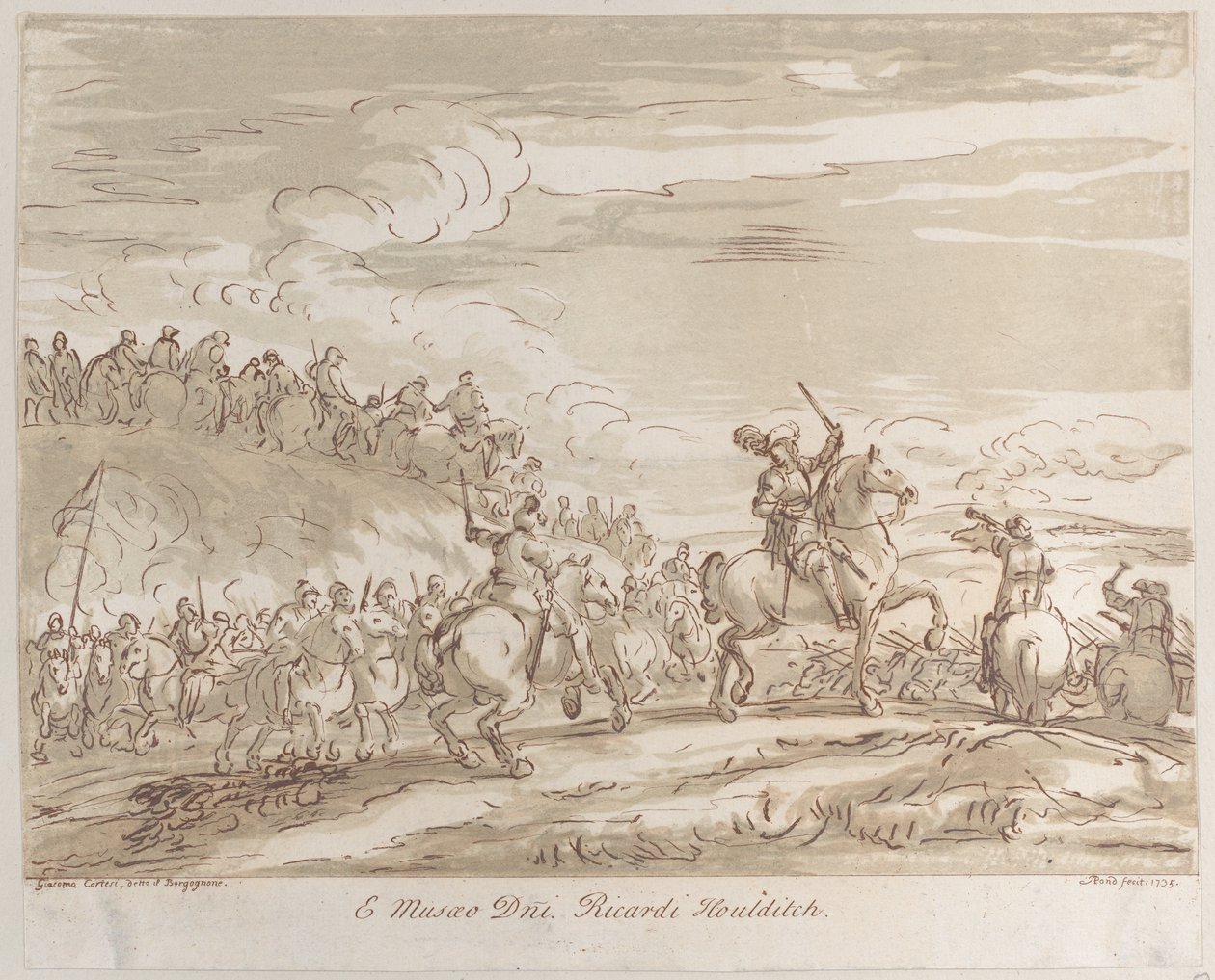 Cavalaria avançando para a acusação, com uma figura central em cavalo levantando uma espada, 1735., 1735. de Arthur Pond