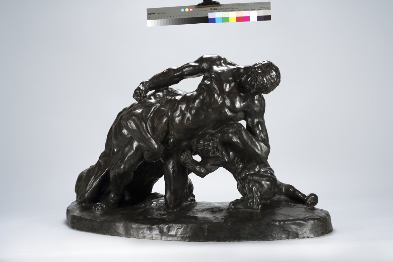 Homem preso em combate com leoa filhote (bronze) de Arthur Putnam