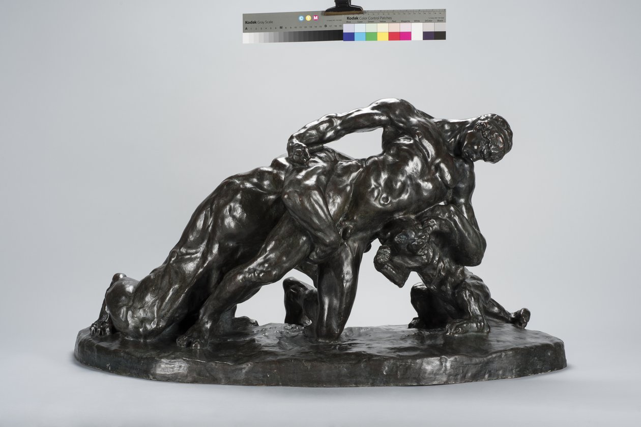 Homem preso em combate com leoa filhote (bronze) de Arthur Putnam