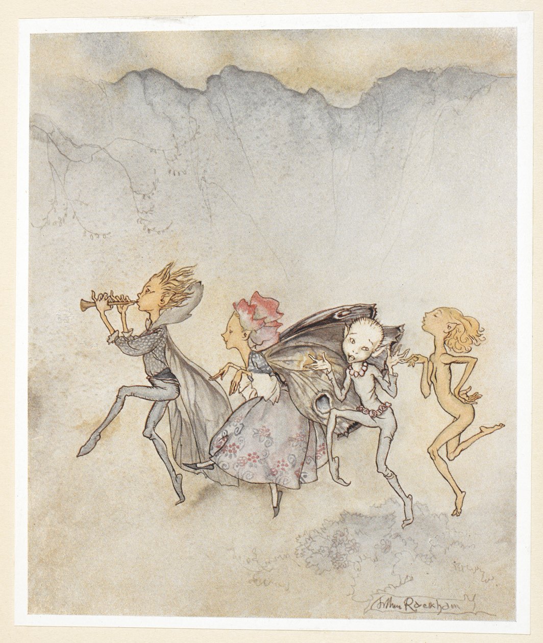 ACT IV: Cena I, linha 46
Cada um, tropeçando no dedo do pé,
Estará aqui com a esfregona e o corte de relva.
Ninfas. de Arthur Rackham