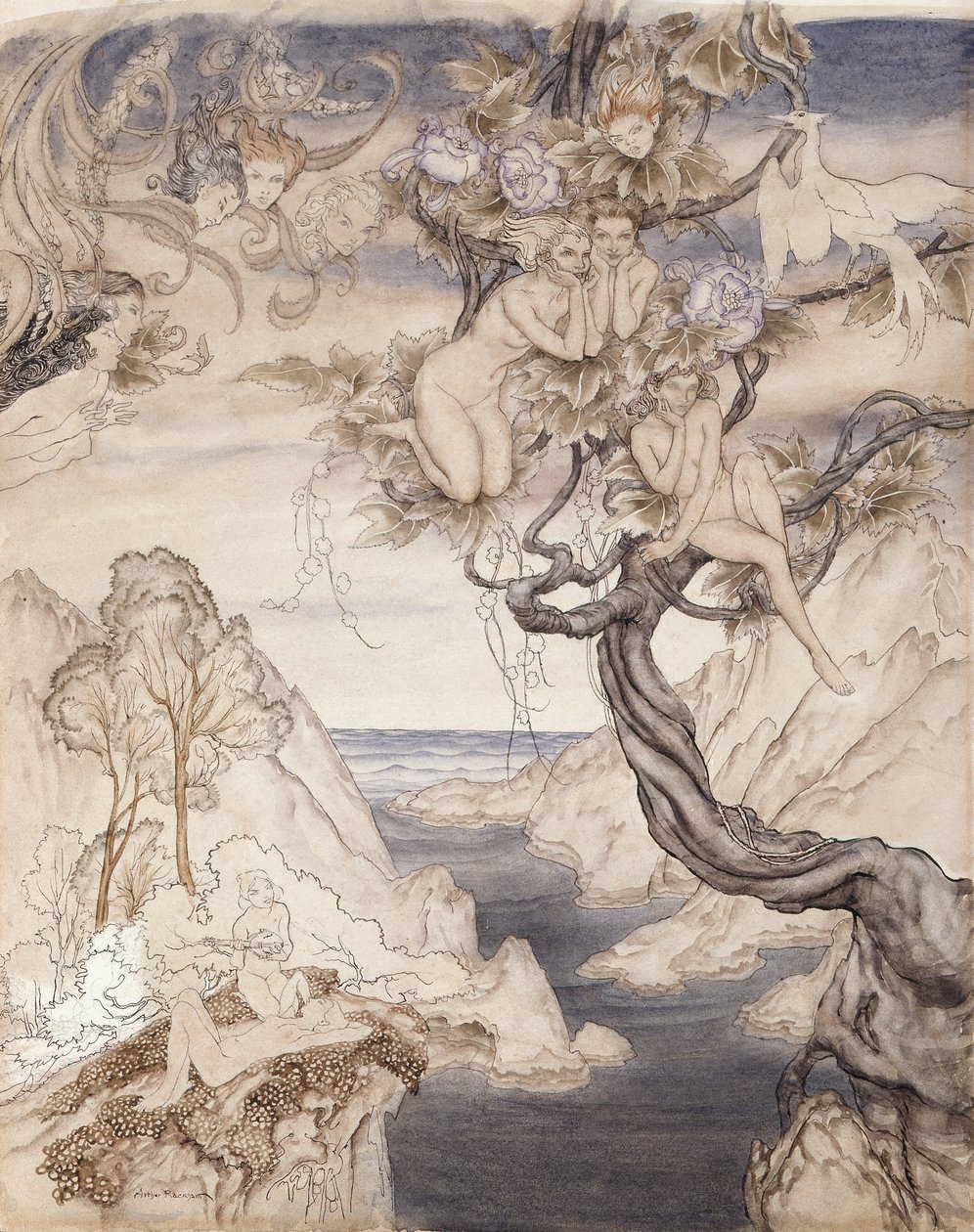 Uma Canção de Fada, desenhada para o Ato II, cena ii, de Um Sonho de Uma Noite de Verão (caneta e tinta e wc no papel) de Arthur Rackham