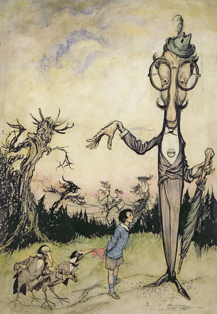 Um gigante com uma criança e dois corvos, ilustração do livro de Betty Barber por Maggie Brown, pub.1910 (caneta e tinta, mais tarde, colorido por Harry Rountree, 1878-1950) (também uma ilustração para o livro o de Arthur Rackham