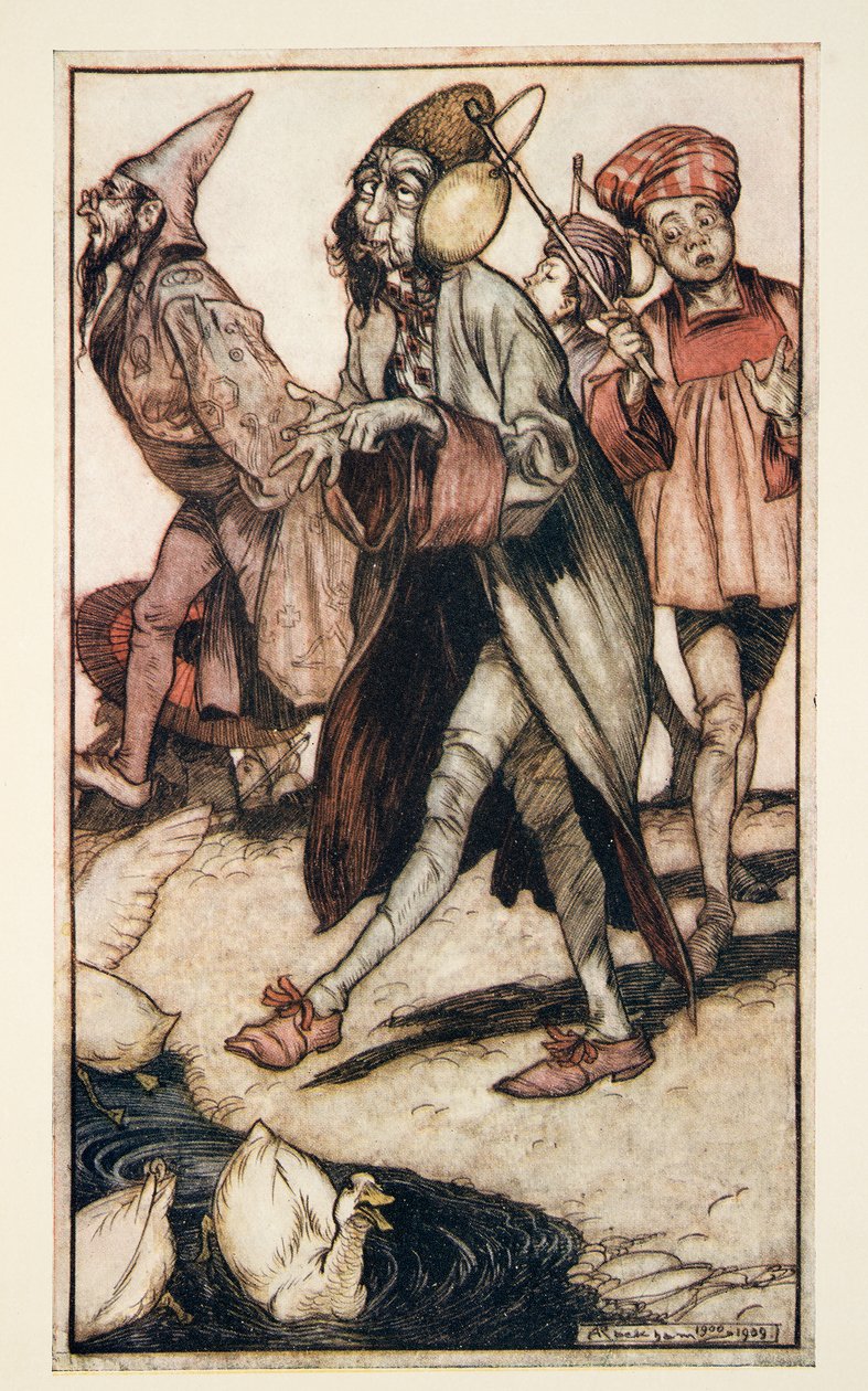 Um cavalheiro laputiano que toma uma caminhada, de viagens de Gullivers por Jonathon Swift (1667 - 1745), bar. 1909 de Arthur Rackham
