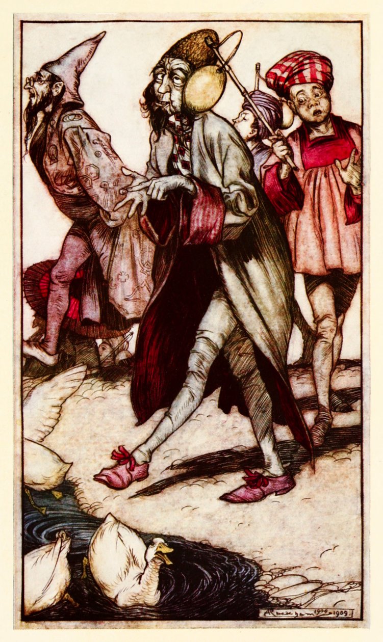Um cavalheiro laputiano dando um passeio da Parte III: Uma Viagem a Laputa, etc. em Gullivers Viaja por Jonathan Swift de Arthur Rackham