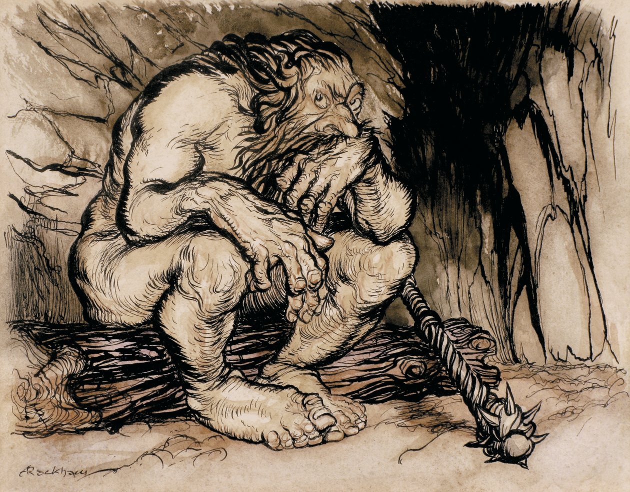 Um gigante mais fantástico, ilustração de contos de fadas ingleses, publicado em 1918 (caneta e tinta e wc no papel) de Arthur Rackham