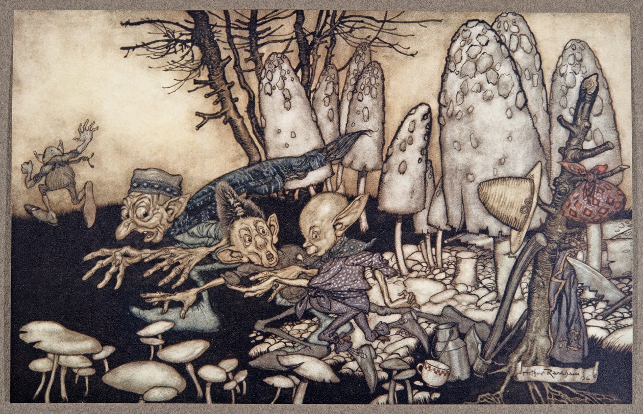 Um bando de operários que estava cortando um cogumelo saiu correndo e deixando suas ferramentas para trás, de Peter Pan em Kensington Gardens, de JM Barrie (1860 - 1937), pub. 1906 de Arthur Rackham