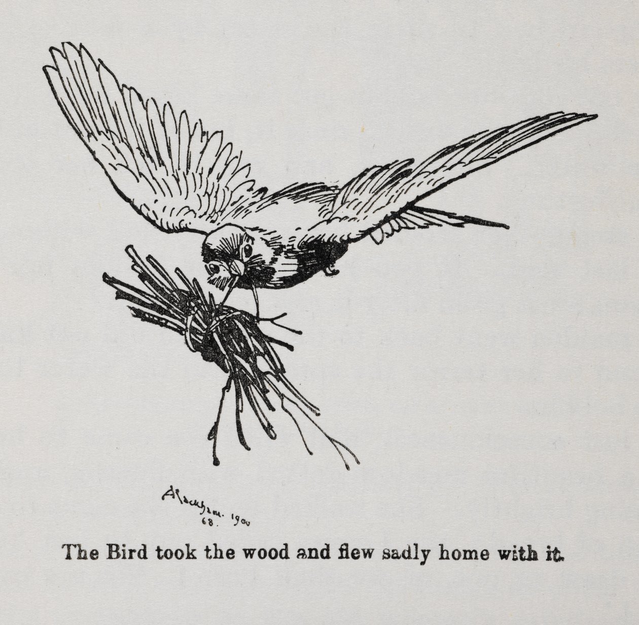 Um pássaro carregando um feixe de galhos. de Arthur Rackham