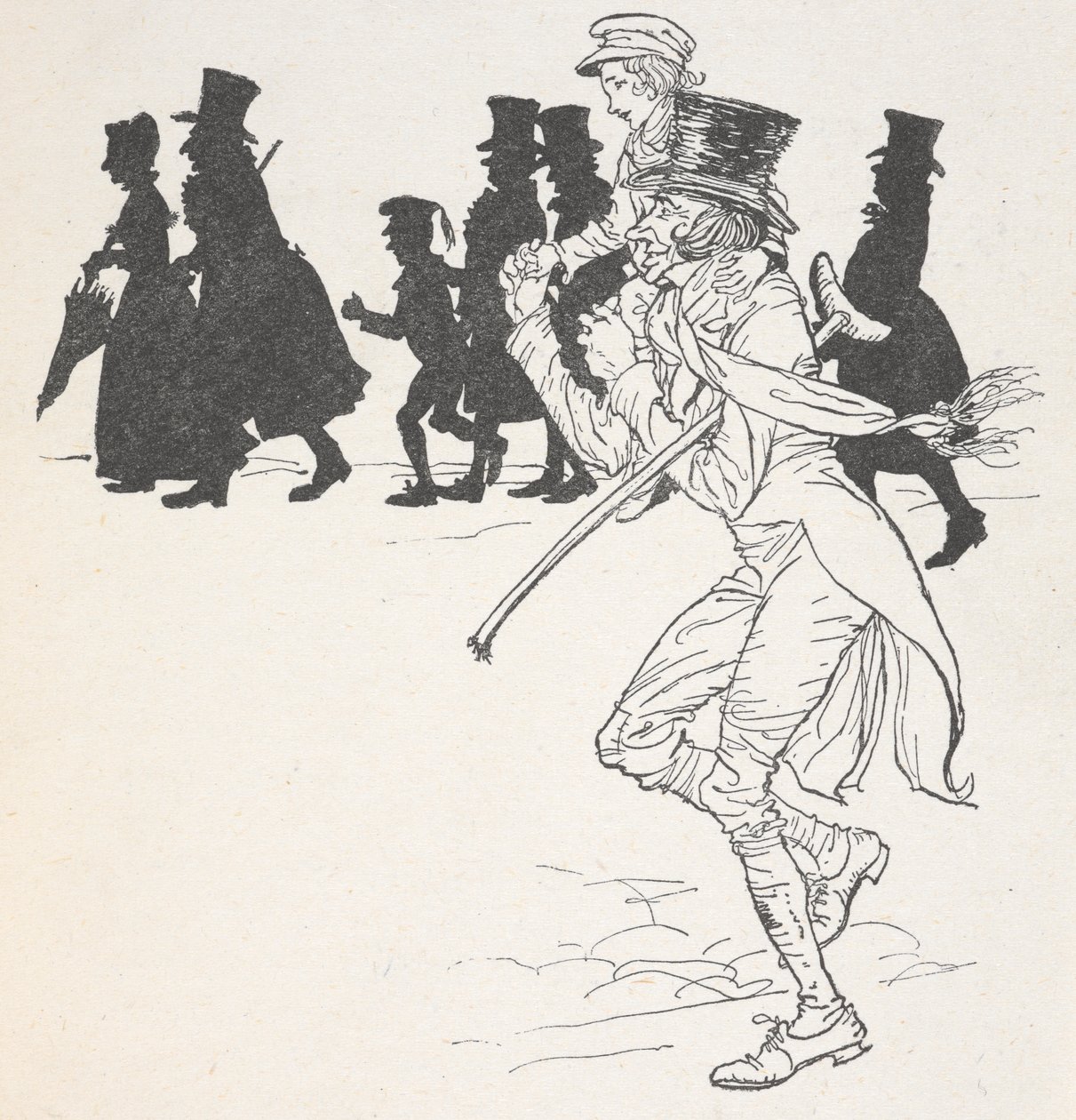 Um rapaz a ser carregado nos ombros de um homem de Arthur Rackham