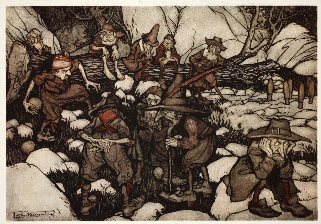 Uma companhia de pessoas estranhas que tocam em canhões, de Rip Van Winkle de Washington Irving, pub. 1910 de Arthur Rackham