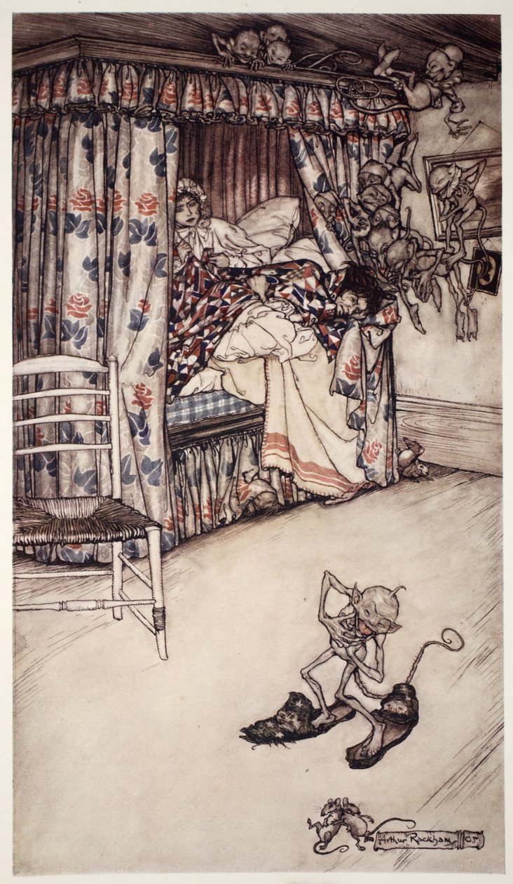 Uma palestra de cortinas vale todos os sermões do mundo por ensinar as virtudes da paciência e longanimidade. de Rip Van Winkle por Washington Irving, pub. 1910 de Arthur Rackham