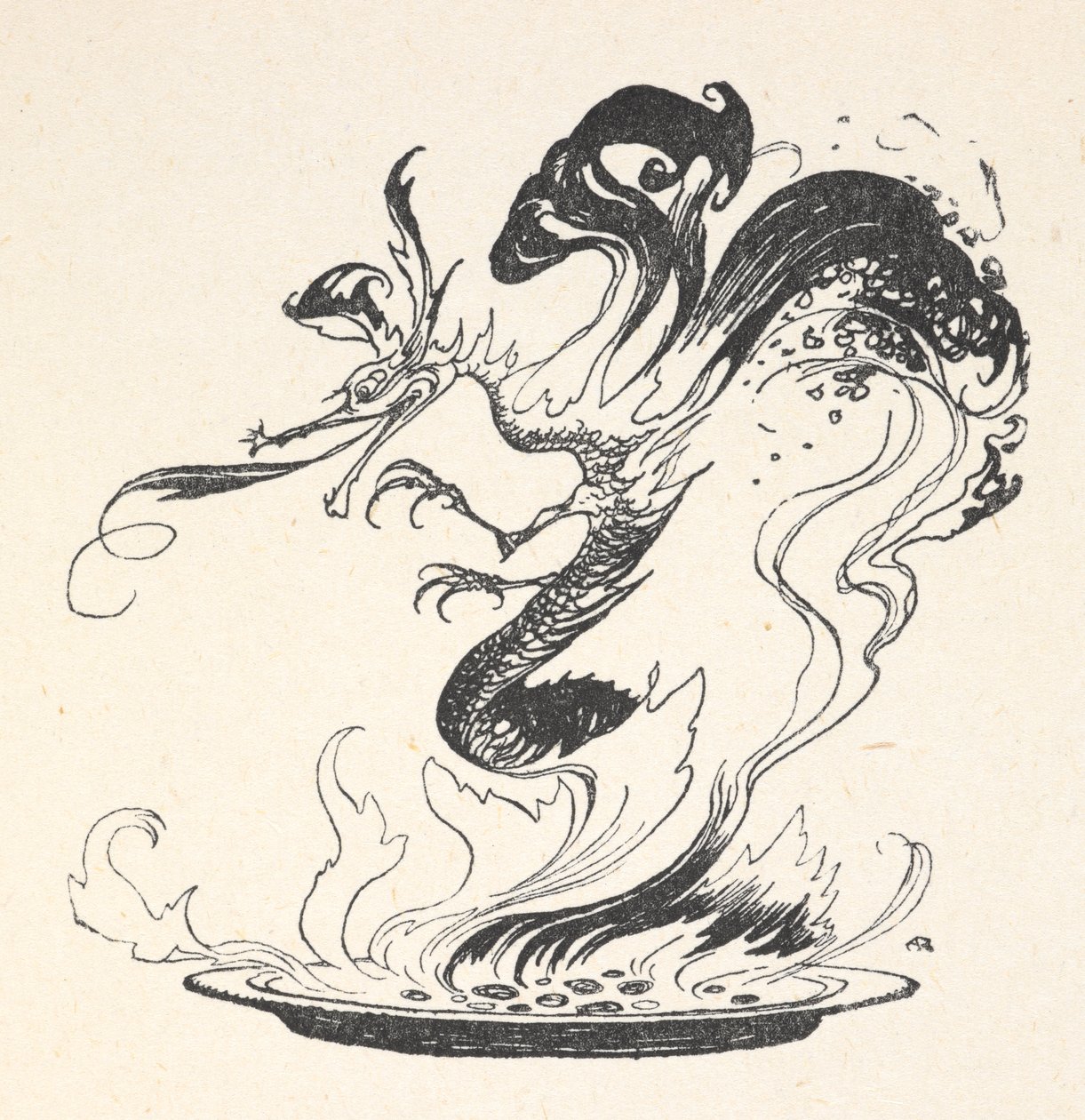 Um dragão emergindo de um prato de dinheiro queimado de Arthur Rackham