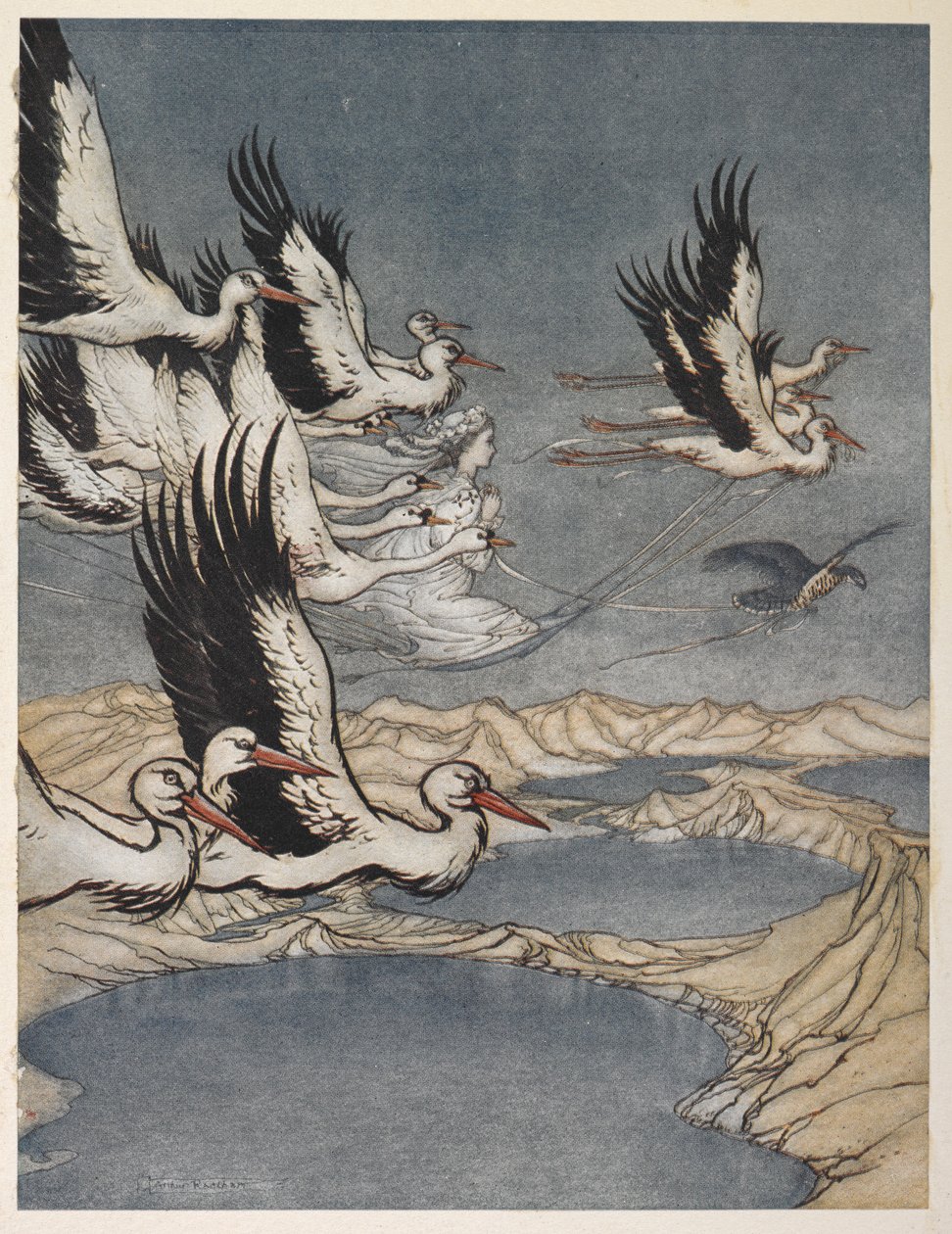 Um bando de pássaros transportando a filha de Earl Mar na véspera do seu casamento de Arthur Rackham