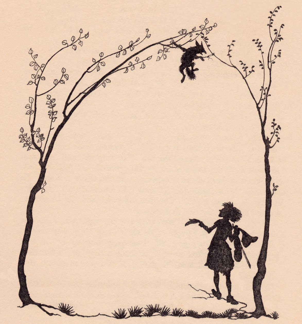 Uma raposa amarrada pelas suas patas a duas aveleiras. Ilustração de Arthur Rackham de Grimm