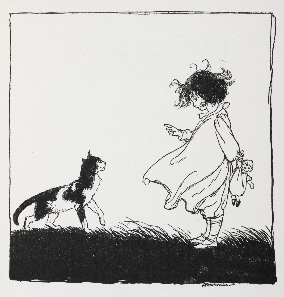 Uma rapariga com uma boneca diz mal do seu gato. de Arthur Rackham