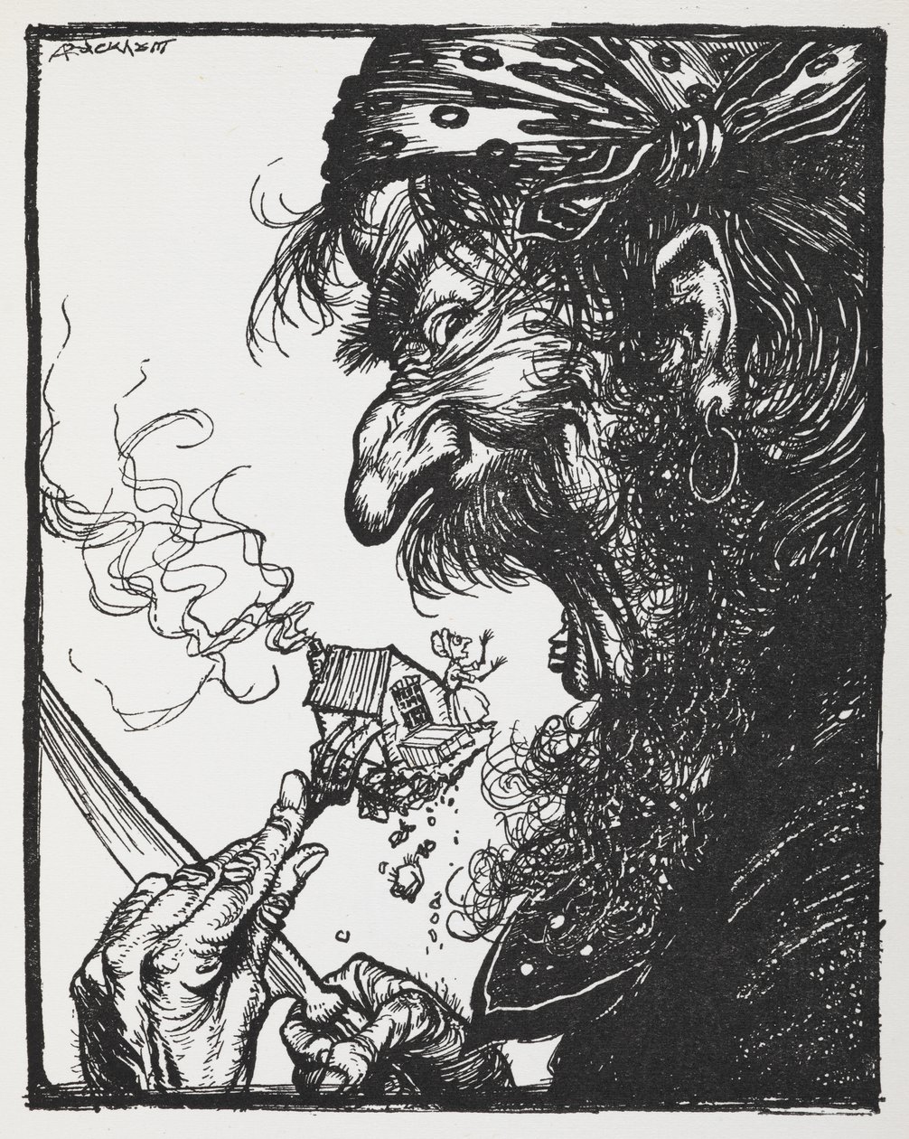 Um homem grande a comer uma senhora minúscula e a sua casa. de Arthur Rackham
