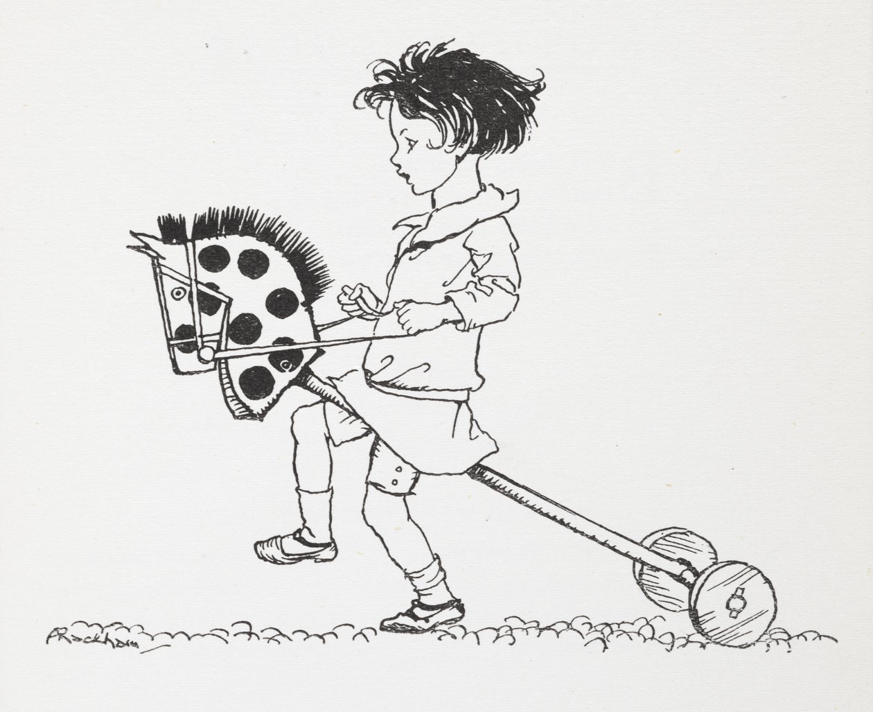Uma menina num cavalo de passatempo de brinquedo. de Arthur Rackham