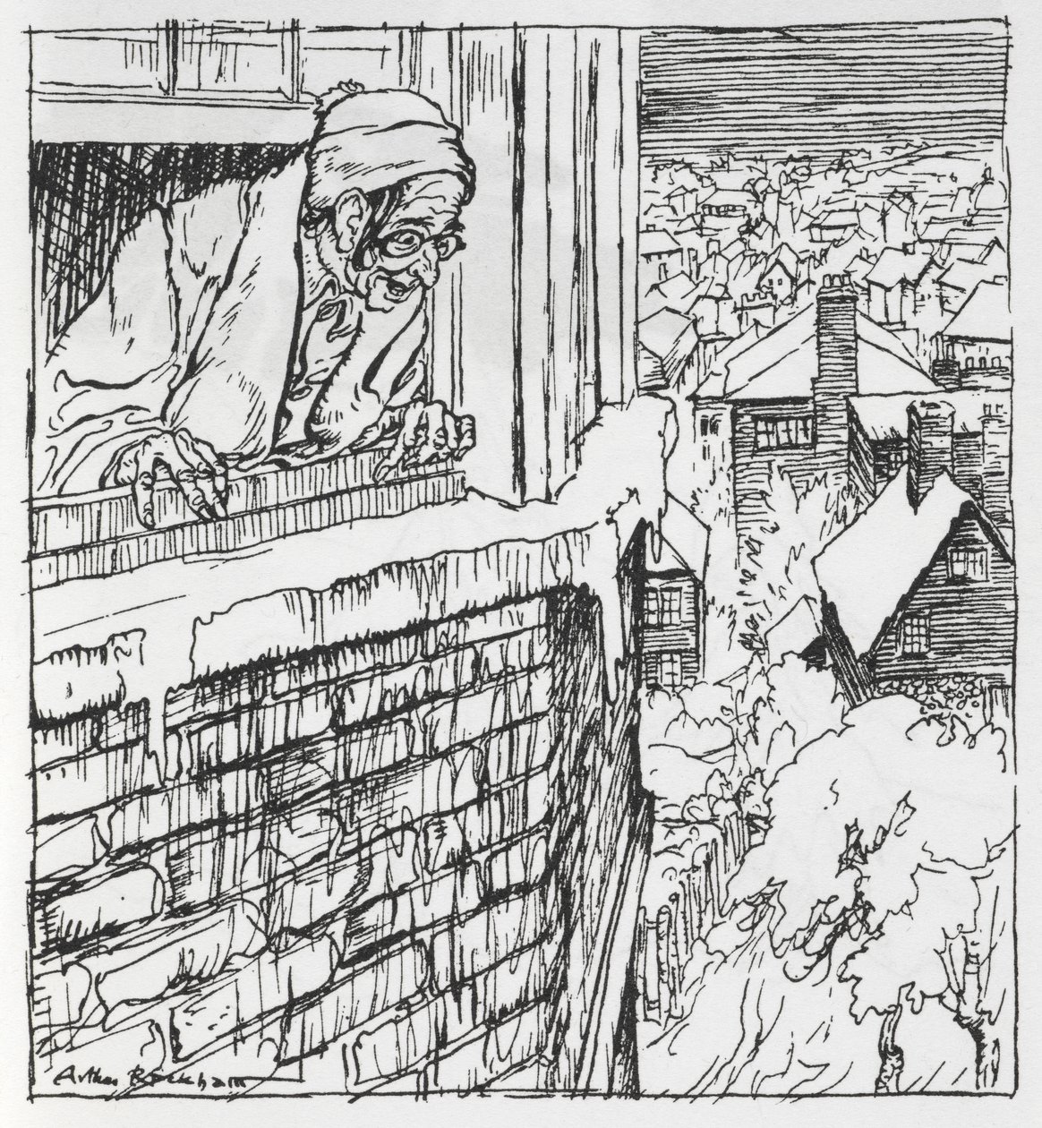 Um homem a olhar de uma janela de Arthur Rackham
