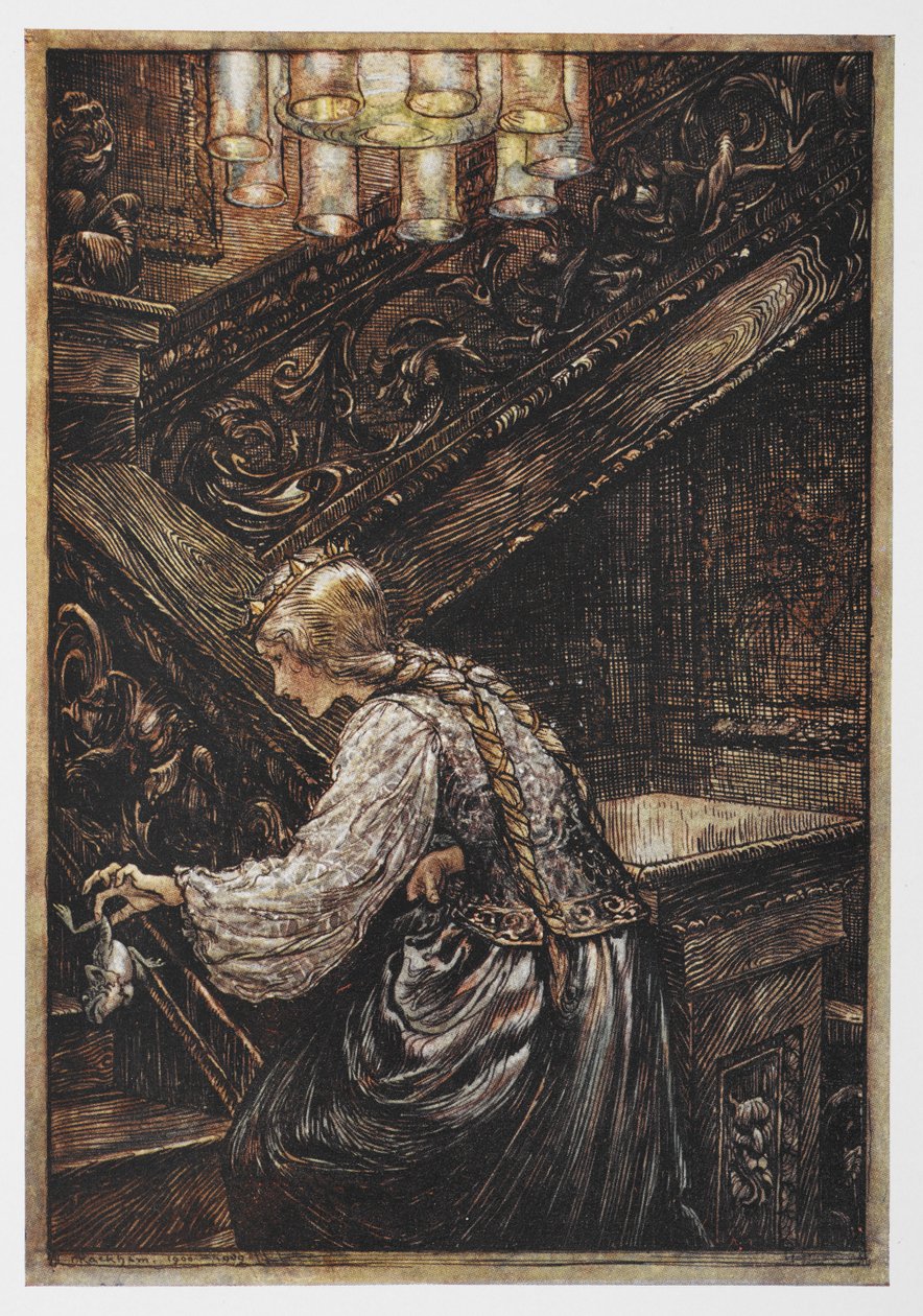 Uma princesa carregando um sapo do Príncipe das Rãs. de Arthur Rackham
