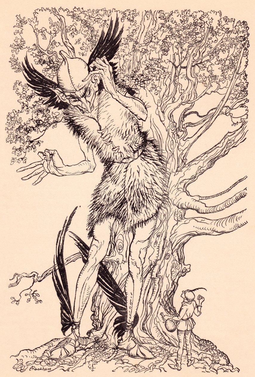 Um sujeito terrível, metade do tamanho da árvore pela qual estava de pé. Ilustração de Arthur Rackham de Grimm
