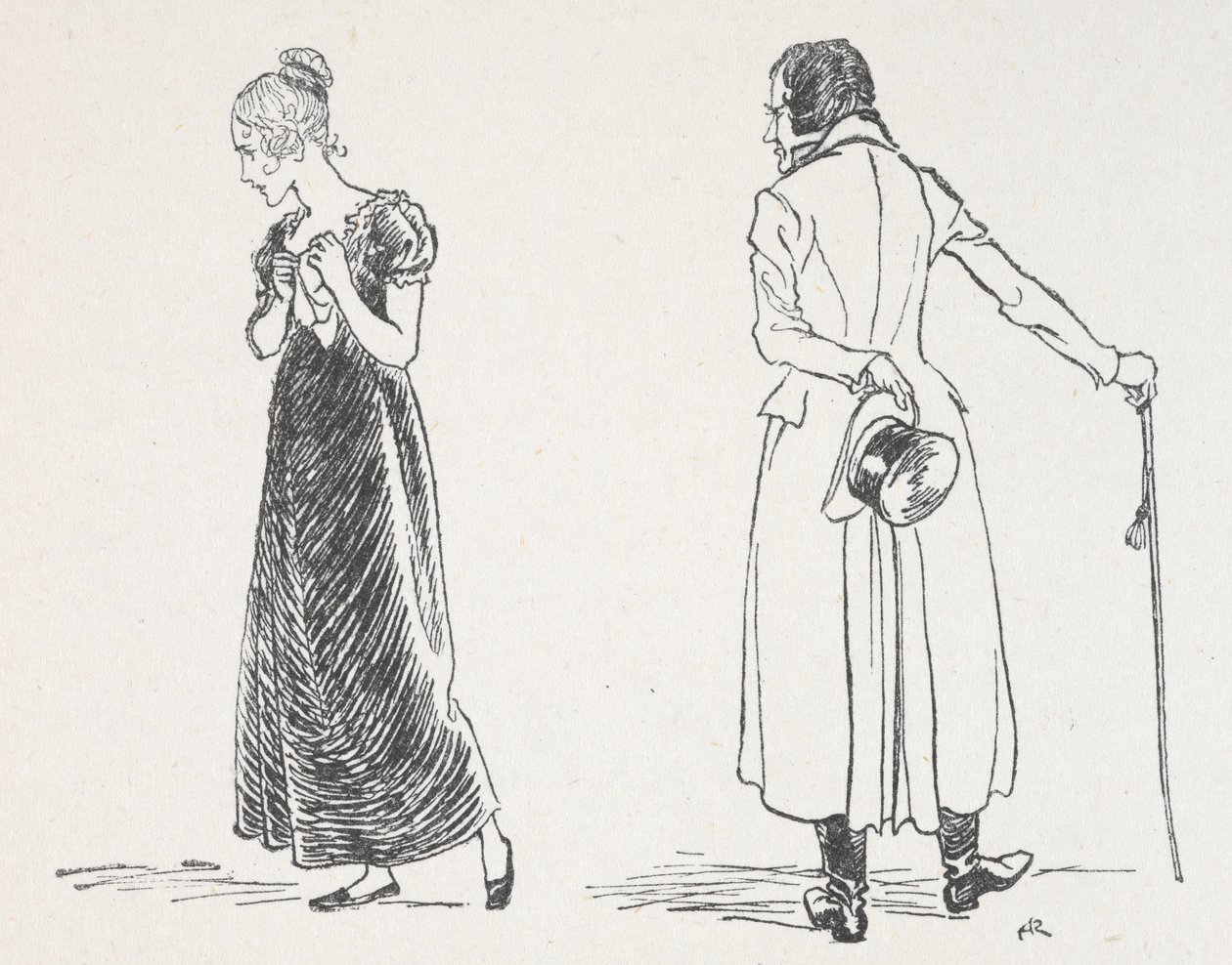 Um jovem casal a discutir, tendo a mulher recusado agarrar um lenço ao peito de Arthur Rackham