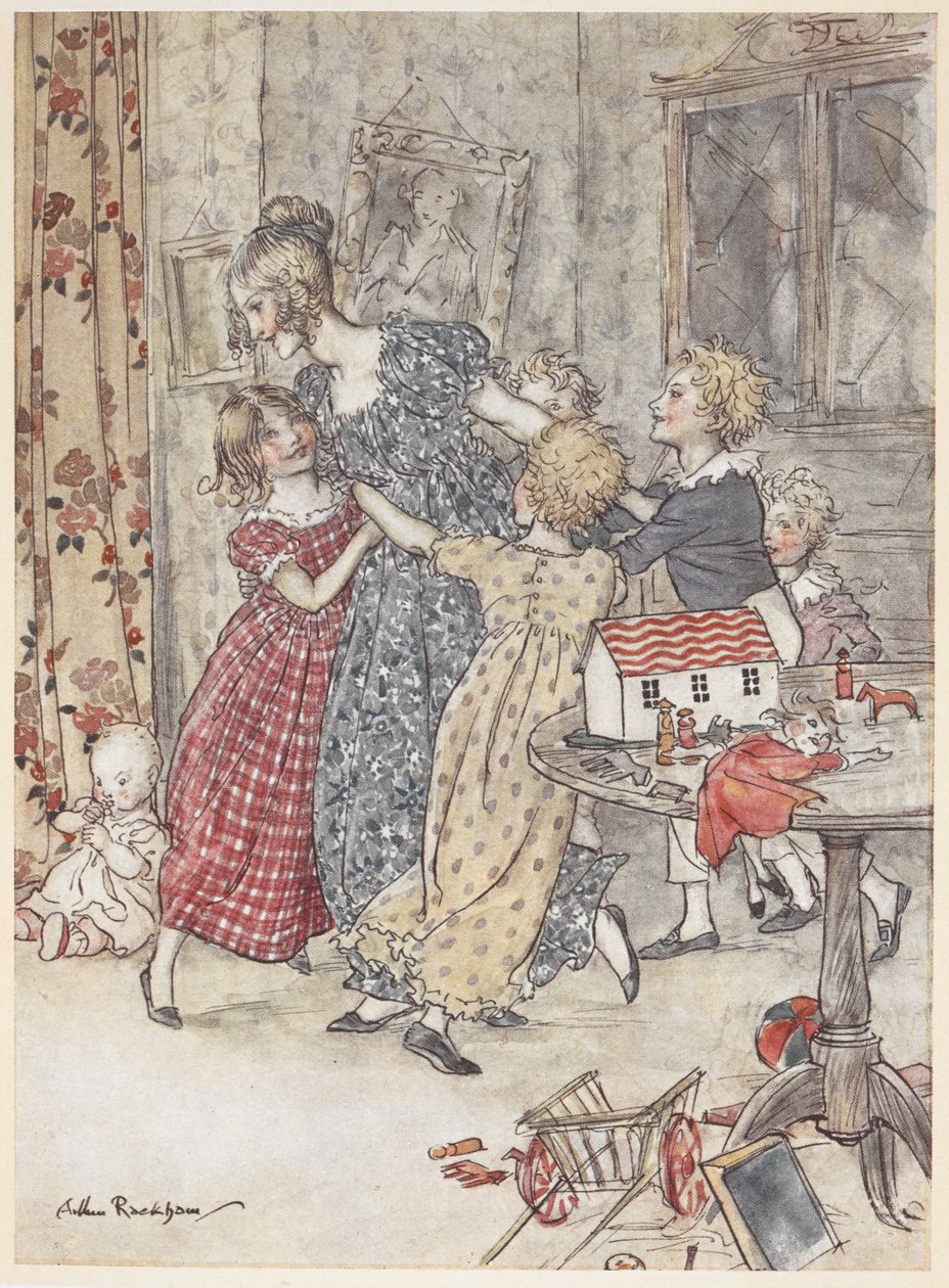 Uma mulher jovem e crianças a dançar à volta de uma sala de jogos cheia de brinquedos de Arthur Rackham