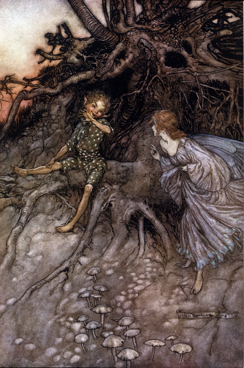 Acto II, Cena I Puck & uma fada; Puck admite que é "aquele alegre vagabundo da noite". Ilustração de Arthur RACKHAM (1867-1939) para O Sonho de uma Noite de Verão por William SHAKESPEARE de Arthur Rackham