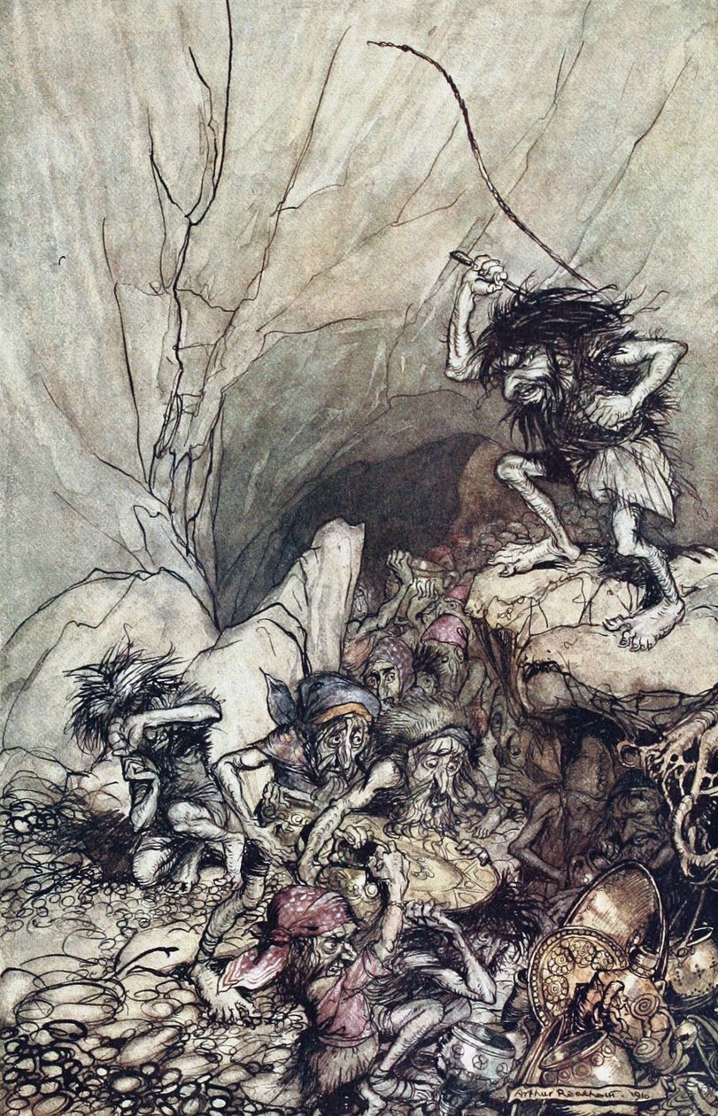 Alberich dirige em um bando de Niblungs carregado de ouro e prata. Ilustração para o Rhi de Arthur Rackham
