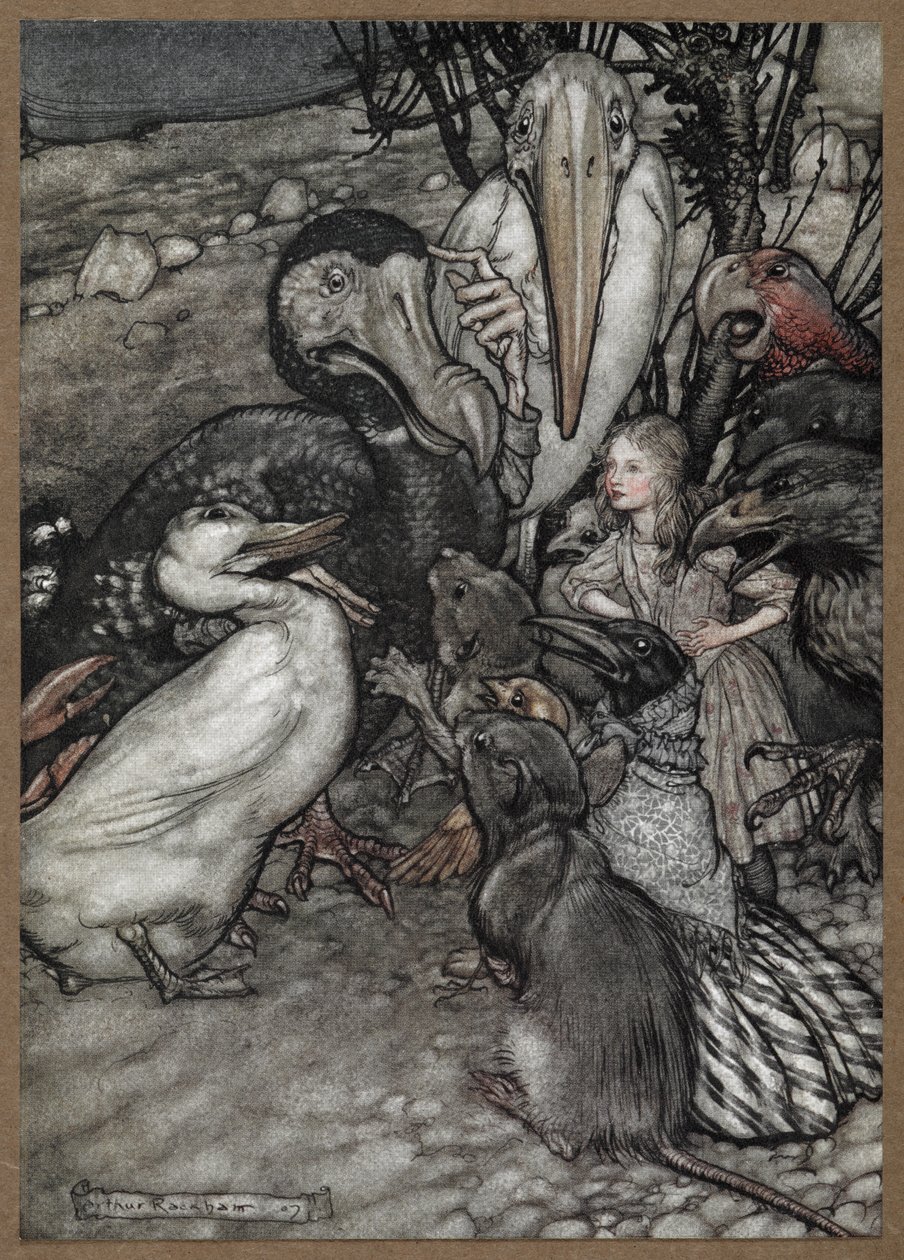 Alice e os animais após a Corrida Caucus, incluindo um dodó, um pato, um rato, um corvo e um papagaio. de Arthur Rackham