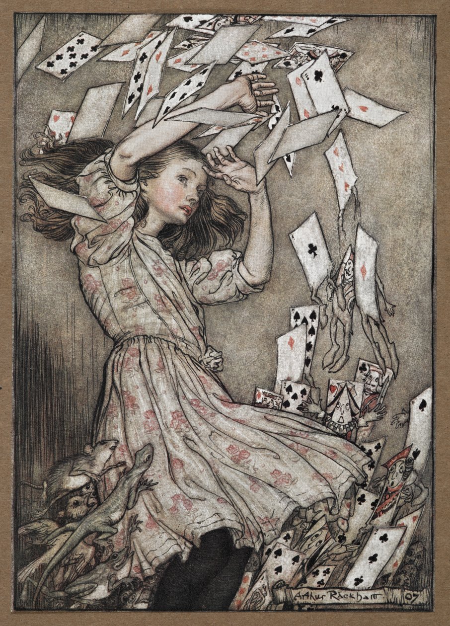 Alice e o maço de cartas em queda de Arthur Rackham