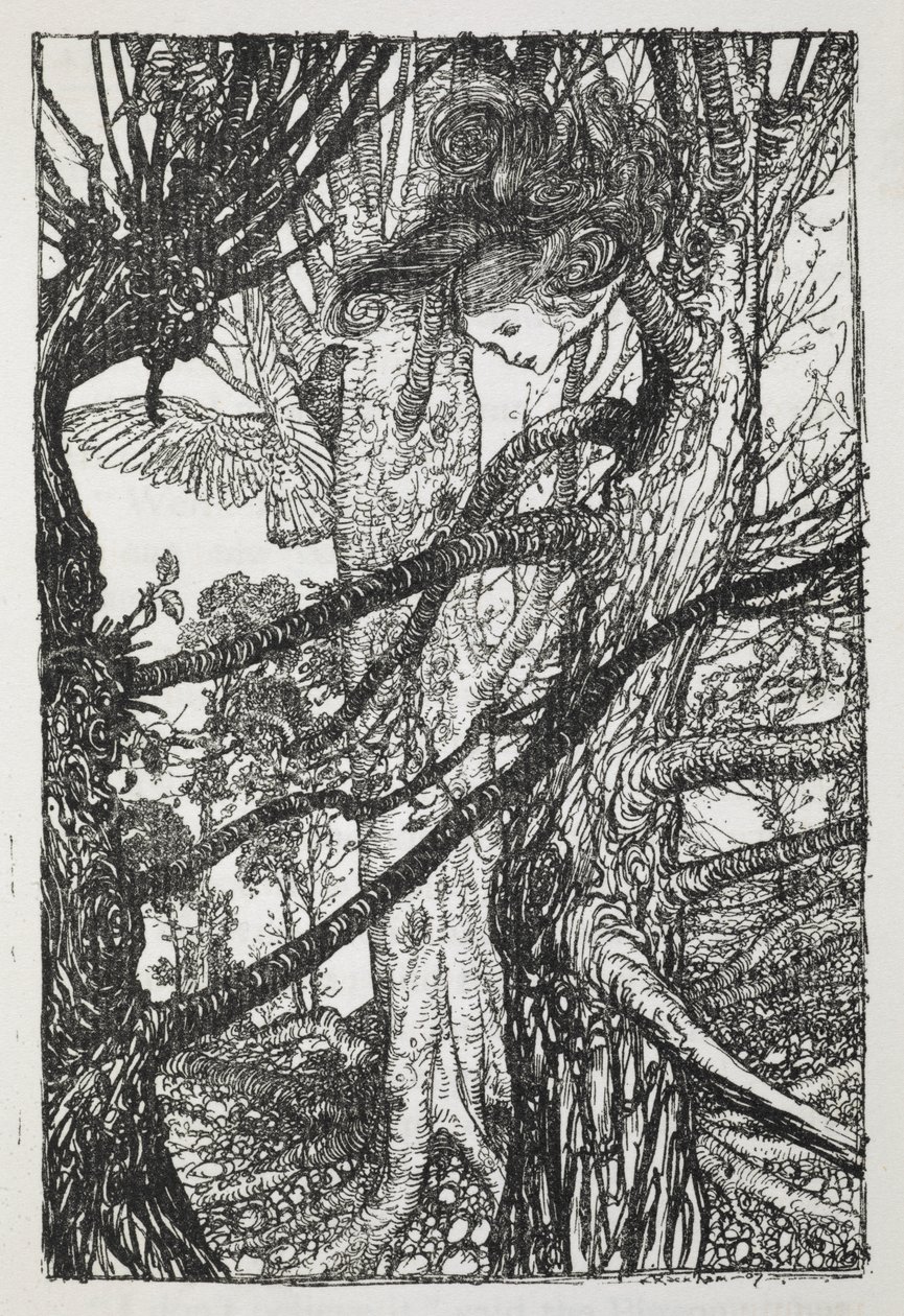 Alice como uma serpente a falar com um pombo de Arthur Rackham