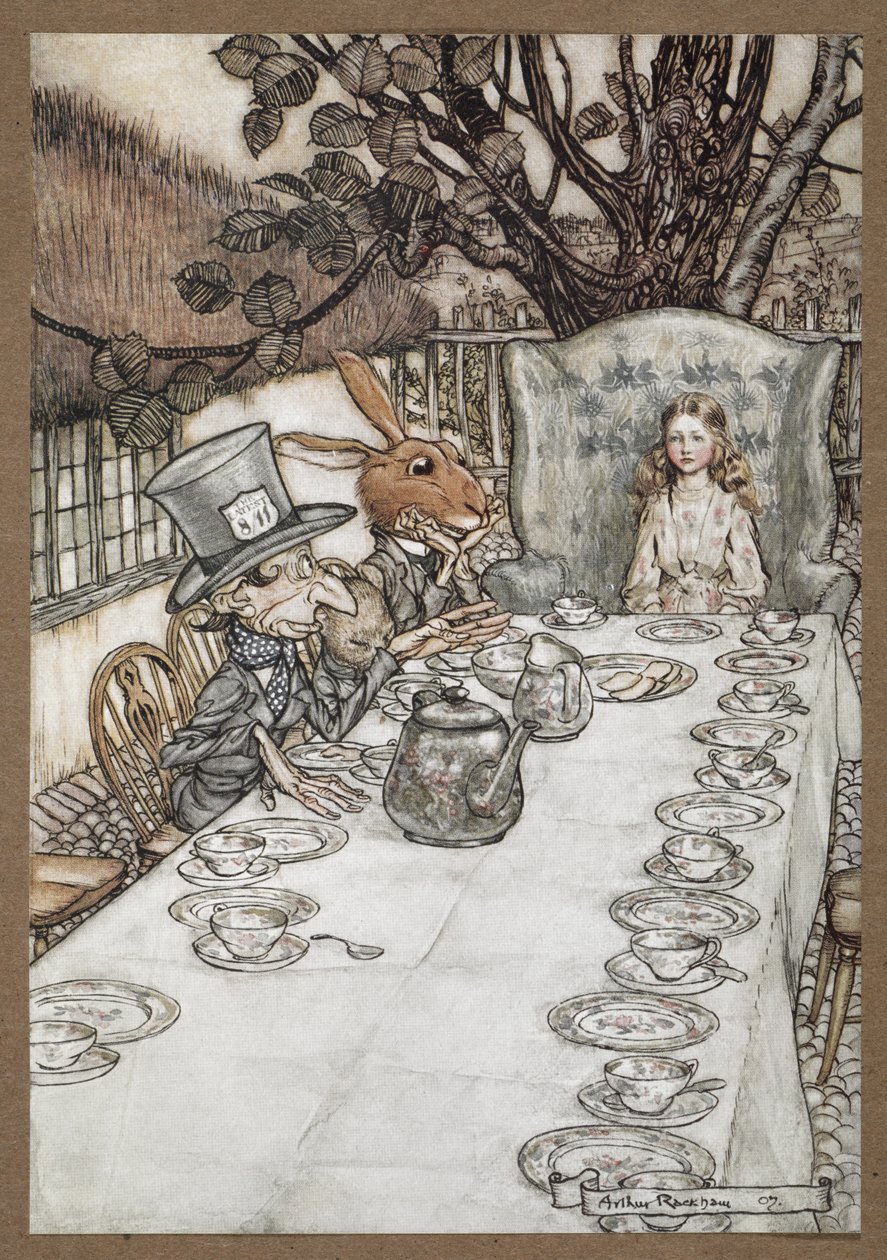 Alice na Festa do Chá do Chapeleiro Louco com a Lebre de Março, o Dormitório e o Chapeleiro Louco de Arthur Rackham