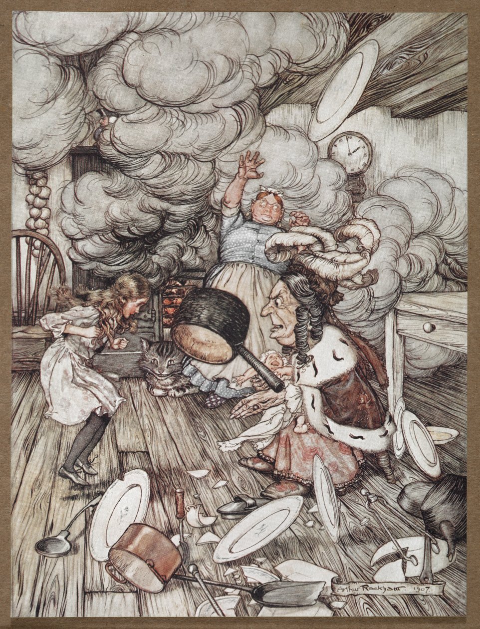 Alice numa cozinha com a Duquesa, uma cozinheira e o Gato de Cheshire de Arthur Rackham