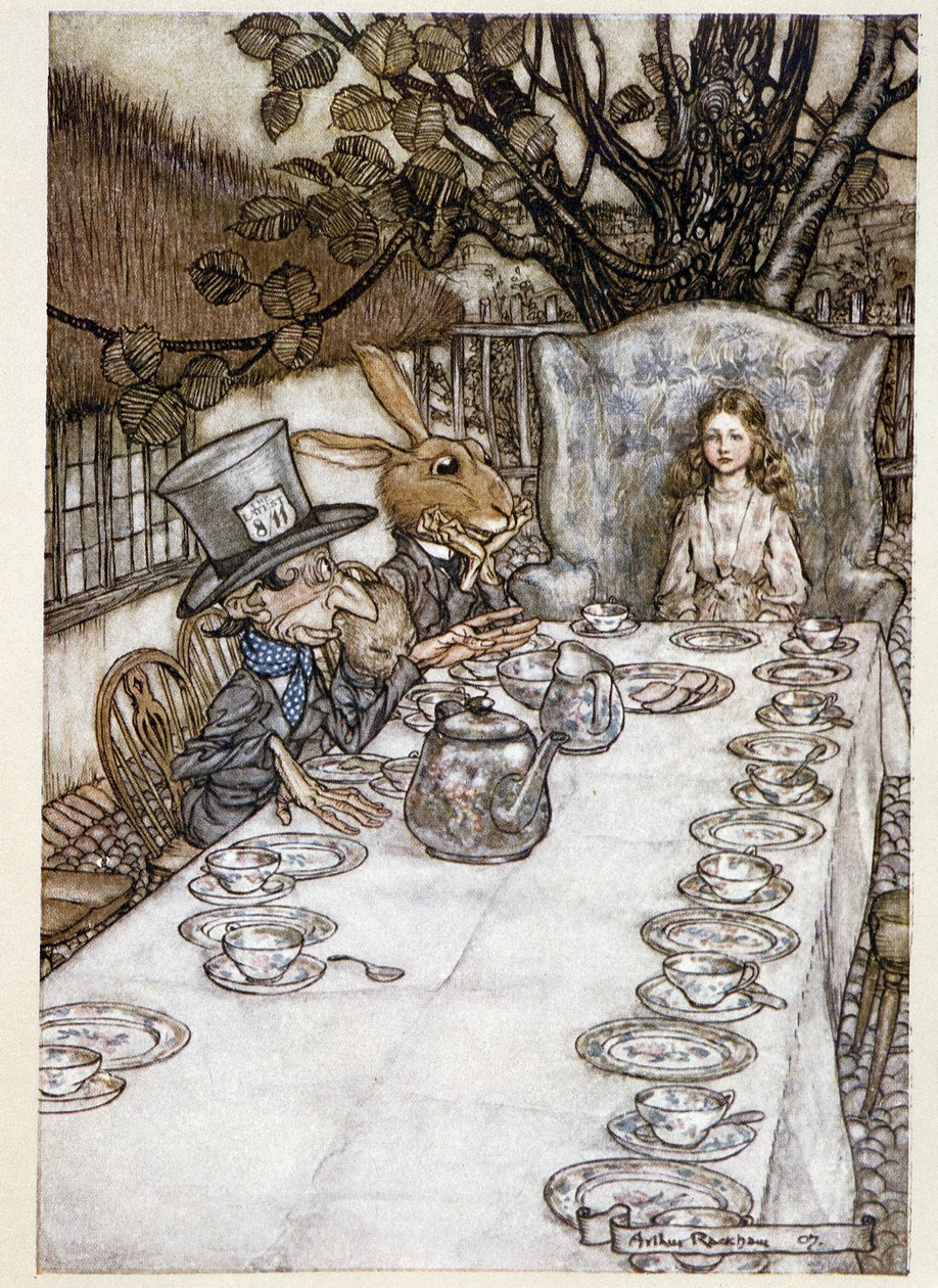 Alice toma o "nos tolos" (The Hatter and the Mars Lievre) - em "The Adventures of Alice in Wonderland", Lewis Carroll, doente. por Arthur Rackham (1867-1939) de Arthur Rackham
