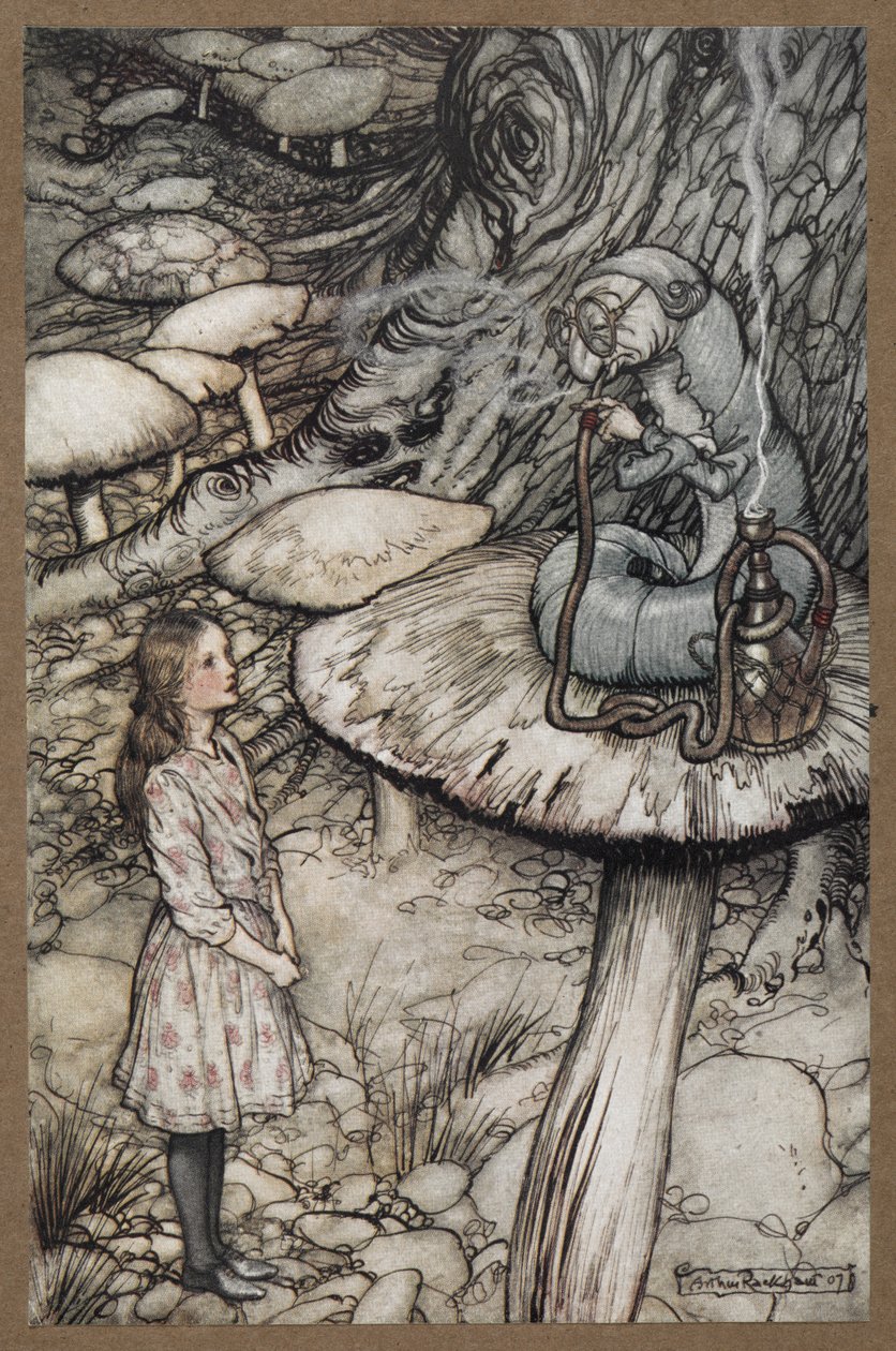 Alice a falar com a Lagarta que está sentada num cogumelo a fumar um cachimbo de Arthur Rackham