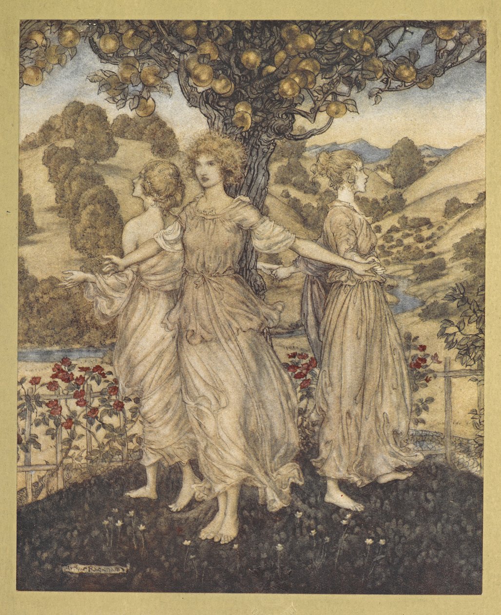 Tudo no meio da feira do jardim, de Hesperus, e das suas filhas três que cantam sobre a "árvore dourada". de Arthur Rackham