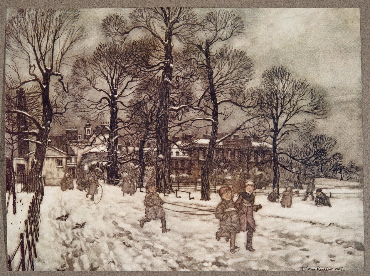 Uma tarde, quando os jardins estavam brancos de neve, de Peter Pan em Kensington Gardens, de JM Barrie (1860 - 1937), pub. 1906 de Arthur Rackham