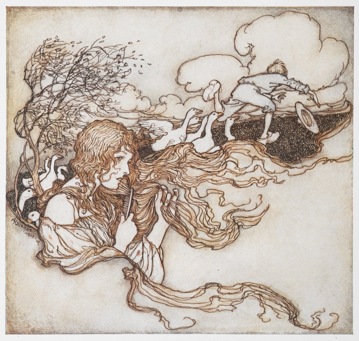Uma ilustração de uma rapariga escovando o seu cabelo com gansos e um rapaz ao fundo, de The Goosegirl. de Arthur Rackham