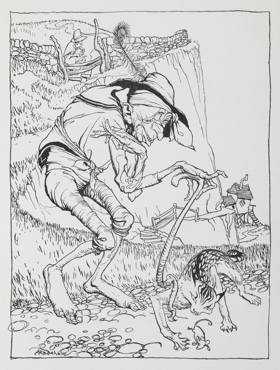 Um velho homem torto com o seu gato torto e a sua casa torta. de Arthur Rackham