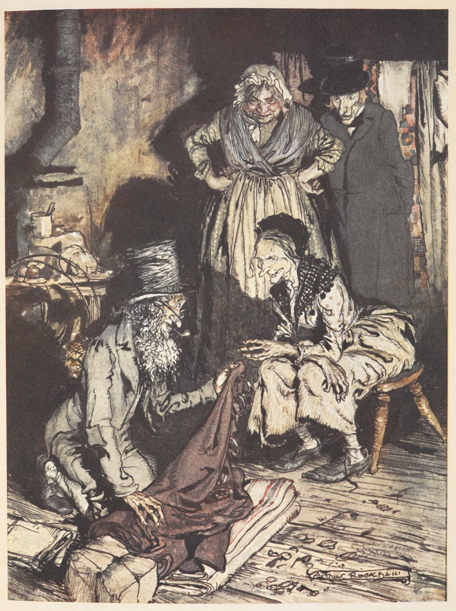 Uma velha família dentro da sua casa com um homem a oferecer-lhes cortinas de Arthur Rackham