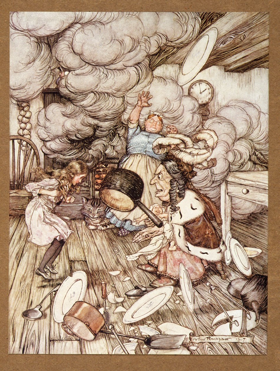 Uma panela extraordinariamente grande voou perto dele, e quase a carregou, de Alices Adventures in Wonderland, de Lewis Carroll, pub.1907 de Arthur Rackham