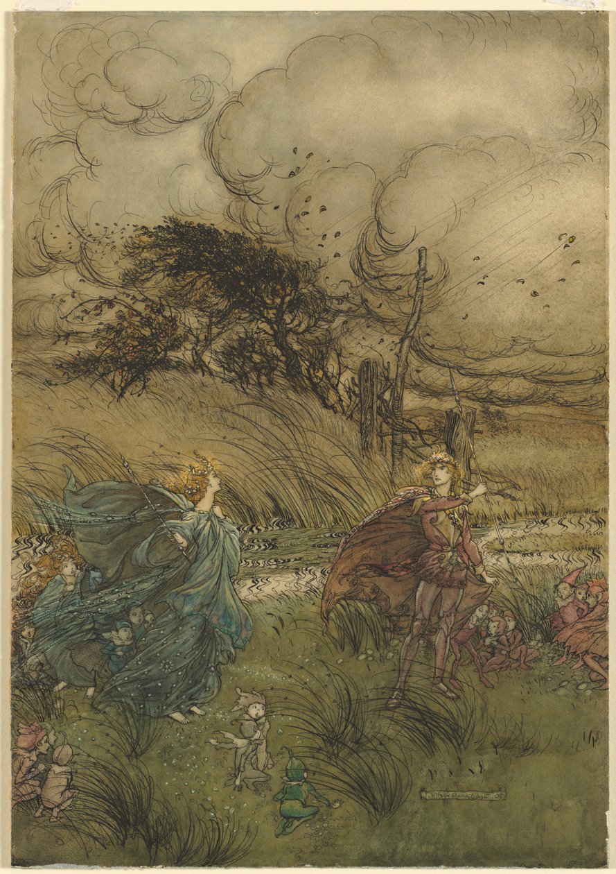 "E agora eles nunca se encontram no bosque ou no verde", do ato 2, cena 1 de Sonho de uma noite de verão, de William Shakespeare de Arthur Rackham
